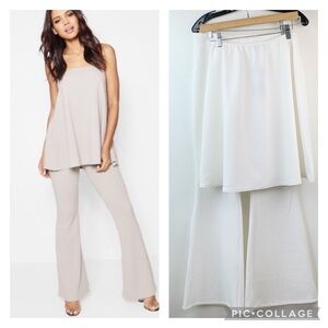 NWT Boohoo ivory strapless long line bandeau tunic + flare leg pull on pants set